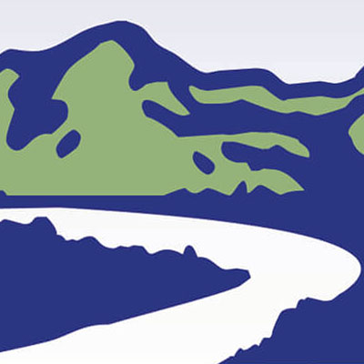 Abstract landscape with mountains and a winding river in blue and green tones.