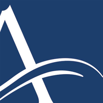 Abstract logo with a stylized letter A on a blue background.