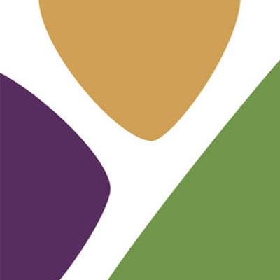Abstract design with purple, gold, and green shapes separated by white space.